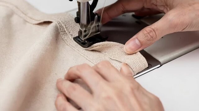 Mid shot capturing the sewing process of flat tape drawstring channels focusing on smooth tape alignment and uniform stitches on lightweight bag fabric.