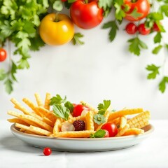 Plate of french fries with cherry tomatoes and berries garnished with fresh herbs
