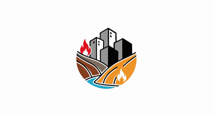 Obraz premium Circular emblem depicting a city skyline, hills, and river with fire elements, representing urban and natural environments