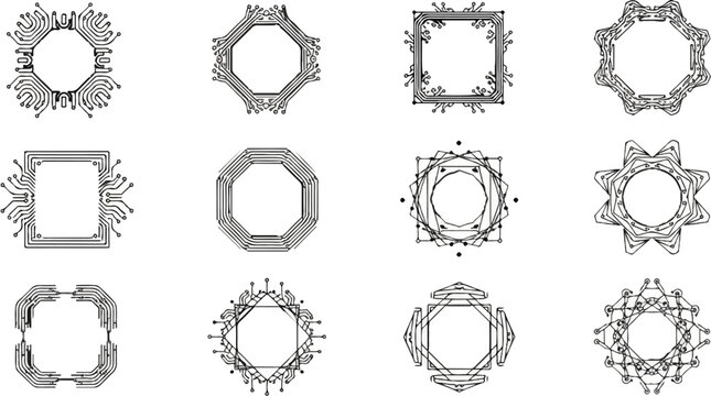 Grid of abstract black and white circuit board inspired frames and geometric designs for tech backgrounds