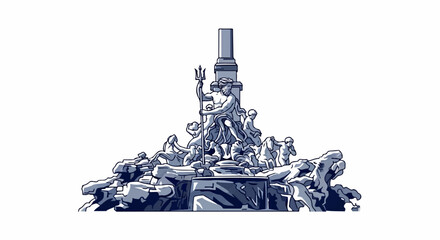 Pixel art depiction of a grand mythological fountain with a central trident-wielding figure and other statues