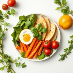Healthy breakfast bowl with fried egg carrots tomatoes melon and fresh basil