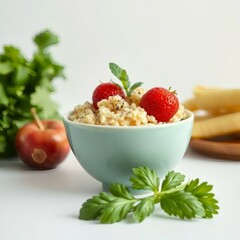 Creamy rice pudding topped with fresh strawberries and mint leaves in a teal bowl