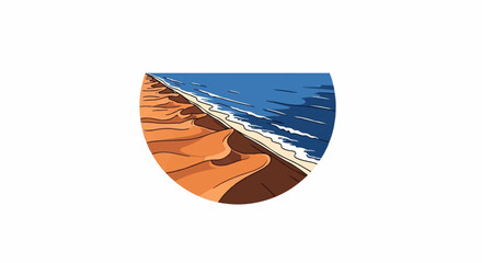 Vibrant cartoon-style illustration of desert sand dunes meeting blue ocean waves along a coastline