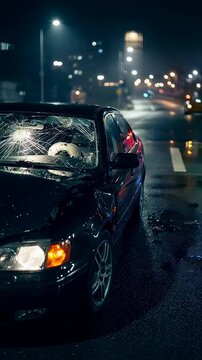 A Somber Scene of a Damaged Car at Night: The Reflection of City Lights on Wet Roads Amidst the Aftermath of an Accident