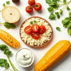 Pasta with fresh tomatoes and herbs on a wooden plate healthy food concept top view