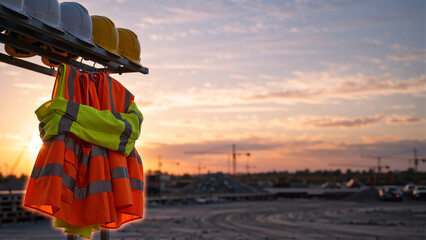Construction safety gear hanging on a rack including hard hats and high visibility vests. Blurred industrial site background at sunset with cranes. Copy space