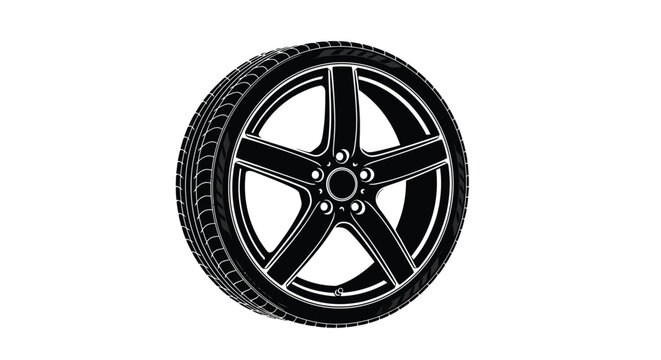 A black and white illustration of a car wheel with a detailed tire tread