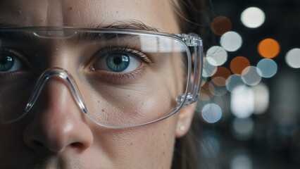 Close-up of a person wearing clear safety goggles. Striking blue eyes with freckles on skin. Workplace safety and industrial protection concept. Bokeh background with lights