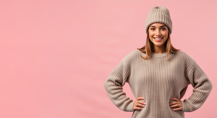 Smiling young woman in beige knit sweater and beanie. Cozy winter fashion portrait on pink background. Copy space for text