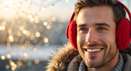 Smiling man wearing red knitted earmuffs and winter parka. Happy male portrait with festive bokeh lights in background. Winter fashion and holiday season concept. Copy space for text