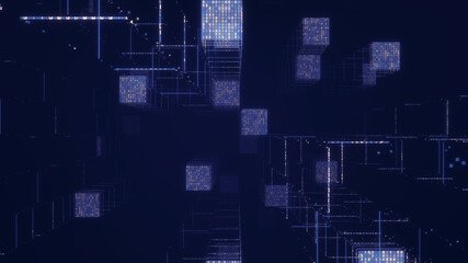 Abstract 3D Digital Background Featuring Glowing Blue Binary Code Cubes And Data Particles. Concept For Big Data, Cloud Computing, Artificial Intelligence, And Futuristic Network Infrastructure.