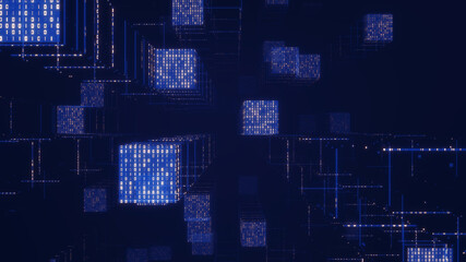 Abstract 3D Digital Background Featuring Glowing Blue Binary Code Cubes And Data Particles. Concept For Big Data, Cloud Computing, Artificial Intelligence, And Futuristic Network Infrastructure.
