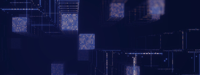 Abstract 3D Digital Background Featuring Glowing Blue Binary Code Cubes And Data Particles. Concept For Big Data, Cloud Computing, Artificial Intelligence, And Futuristic Network Infrastructure.