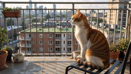 Obraz premium A ginger and white tabby cat sitting on a chair on a city balcony. Domestic pet watching the urban cityscape view during golden hour sunlight.