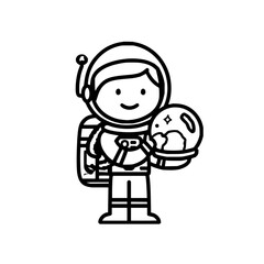Obraz premium Smiling astronaut in spacesuit holding helmet with earth black line art illustration for kids educational materials or space themed designs