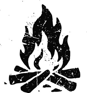Campfire flames with burning logs in black and white vintage grunge