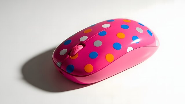 A pink computer mouse with colorful polka dots on a white background