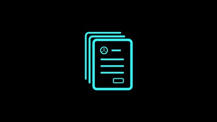 Futuristic neon icon representing a stack of digital documents or data files on a black background