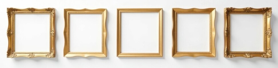 Empty ornate gold picture frames on a pristine white wall , event, room, luxury