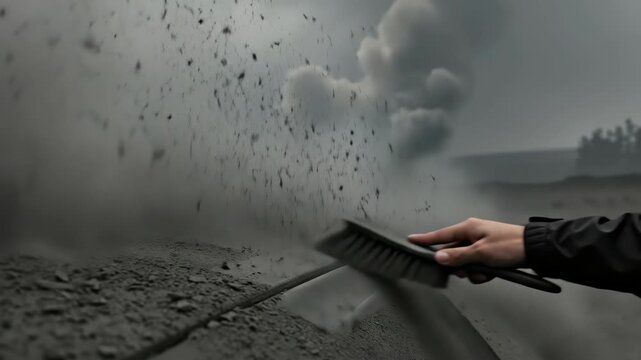 Close-up of a hand brushing thick volcanic ash from a dark surface. Person cleaning soot and dust after an eruption. Volcanic disaster aftermath and environmental cleanup concept