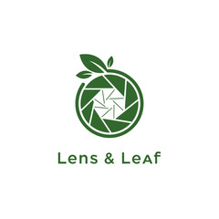 Green camera shutter aperture with leaf icon for nature photography or eco friendly media studio logo identity branding of LENS & LEAF