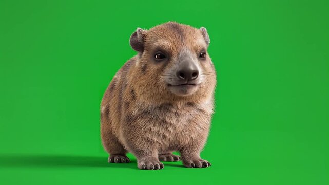 A wombat standing on a greenscreen background appearing ready to move forward with curiosity