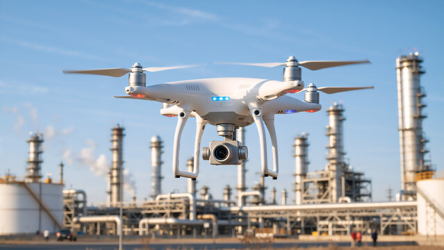White drone flying in front of industrial factory. Quadcopter with camera inspecting oil refinery plant. Technology and surveillance concept