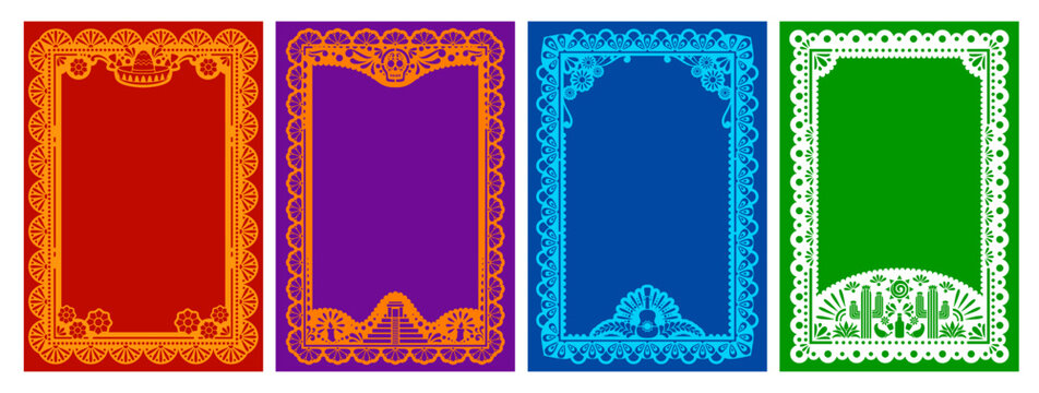 Mexican frames, paper cut party invite template, papel picado hispanic fiesta flyer. Vibrant vector banner adorned with Mexican sombrero, skull, ofrenda, guitar, cacti, and marigolds. Day of the Dead