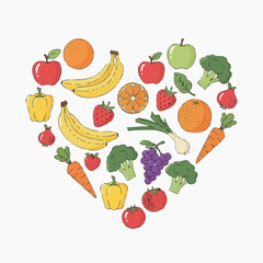 A colorful heart-shaped arrangement of fresh fruits and vegetables