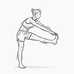 A woman in a yoga pose stretching her leg in a fitness exercise