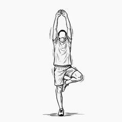 A man in a yoga pose with one leg raised and arms extended upwards in a vector illustration