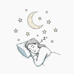 A serene woman peacefully sleeping under a starry night sky with a crescent moon