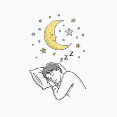 A peaceful illustration of a person sleeping under the stars and moon