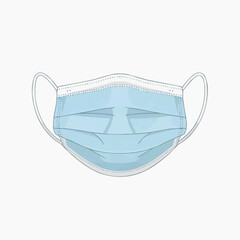 A blue surgical face mask with ear straps on a white background