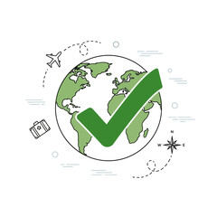 Large Green Check Mark Over Earth Globe Symbolizing Global Approval.