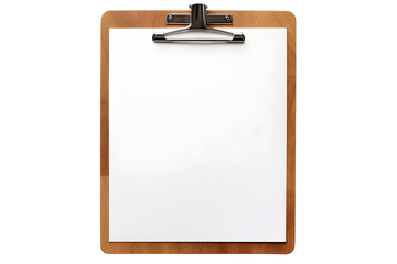 Wooden clipboard with blank white paper, overhead view, Isolated to Transparent Background