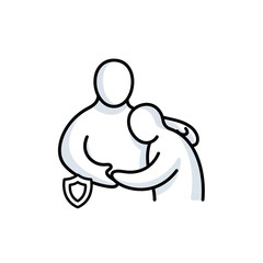 Two people embracing with a shield symbol representing protection.