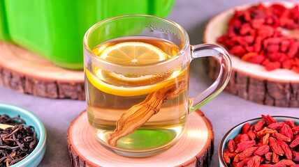 Healthy herbal tea with lemon and goji berries, steeped for wellness