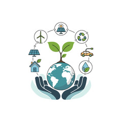 Hands holding Earth with growing plant and renewable energy icons.