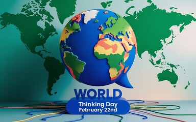 World Thinking Day concept with globe in a speech bubble and world map background