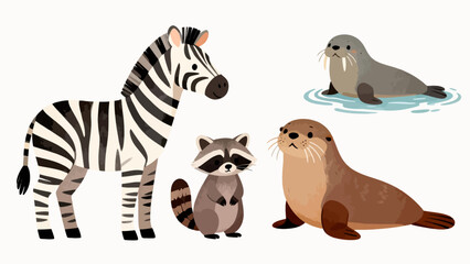 Cartoon animals including zebra raccoon seal © AH