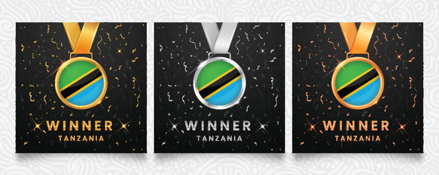 Premium Tanzania winner set featuring gold, silver and bronze medals with the national flag design, displayed on a dark background with festive confetti and sparkling highlights