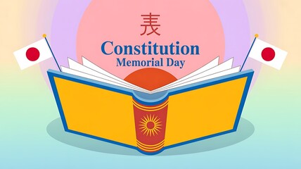 Japan Constitution Memorial Day - Open Book and Japanese Flags Celebration