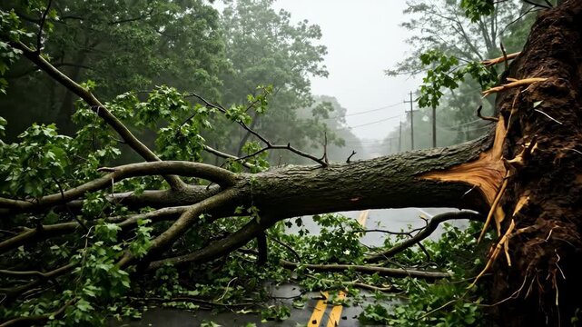 Massive uprooted tree blocking a wet road during a rainstorm. Storm damage aftermath with a fallen trunk obstructing traffic. Natural disaster concept