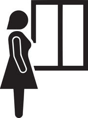 Silhouette of a woman with a suitcase standing by the window