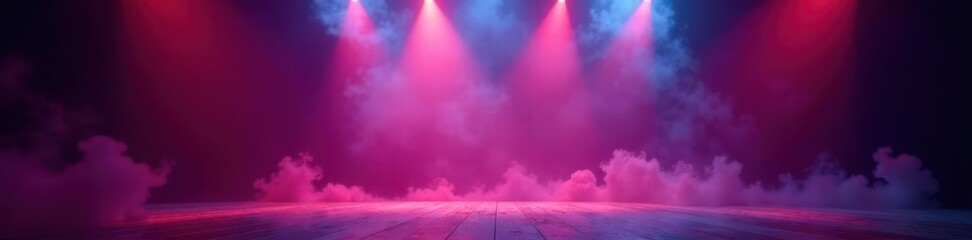 Empty stage, spotlights, swirling smoke, anticipation , atmosphere, performance art