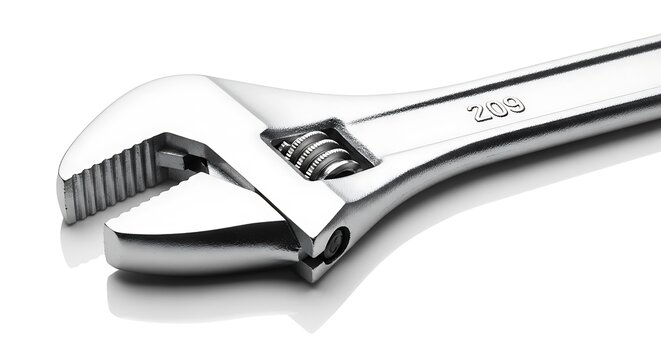 Close up of a shiny chrome adjustable wrench with number 209 tool metal