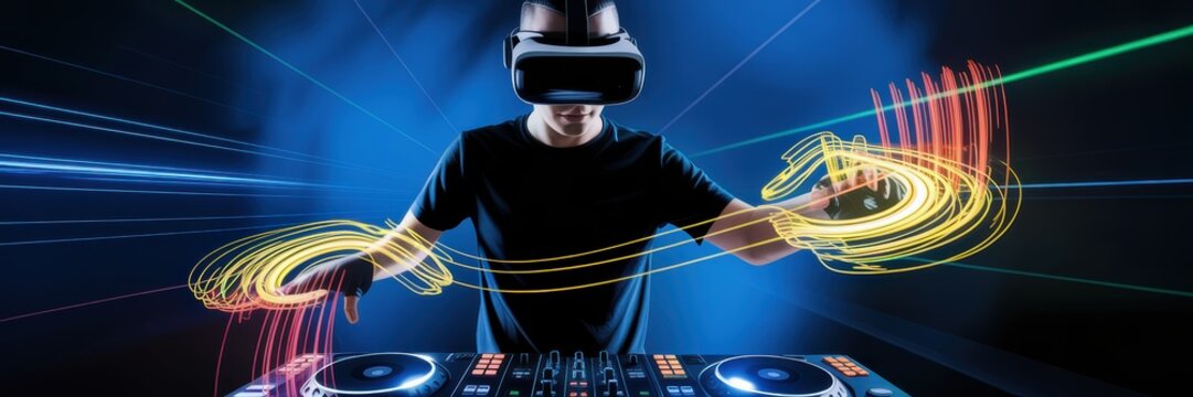Futuristic DJ with virtual reality headset mixing music in neon lights immersive digital nightclub entertainment background