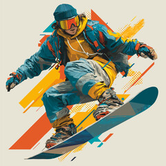 Fototapeta premium Snowboarding graphic art effect poster. Snowboarding dynamic multicolor graphic wallpaper or banner